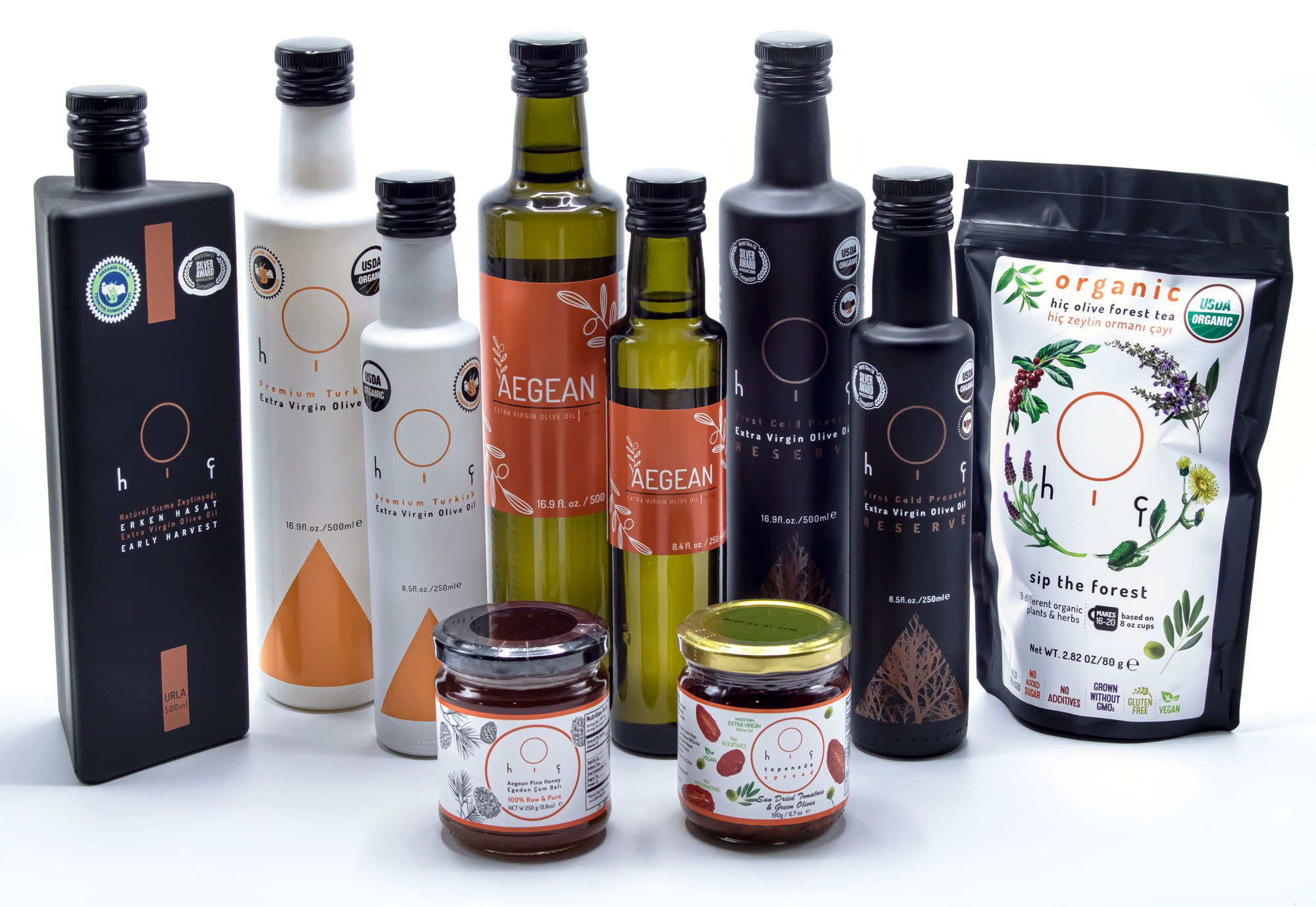A photo of all the Hiç company products including olive oil, tea, and more! 